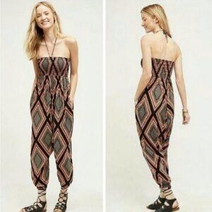 ANTHROPOLOGIE Lilka Serra Boho Print Halter Smocked Harem Romper Jumpsuit Small